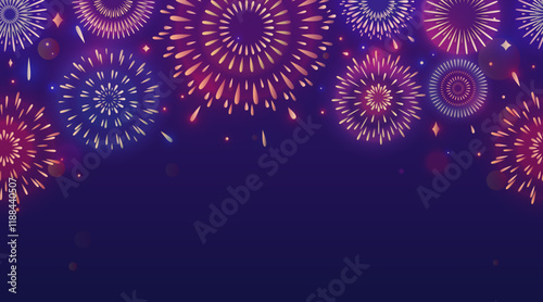 Firework vector background. Realistic light fire work seamless border. Color firecrackers on night sky for celebration event. New year, anniversary, carnival bright design with burst pyrotechnics