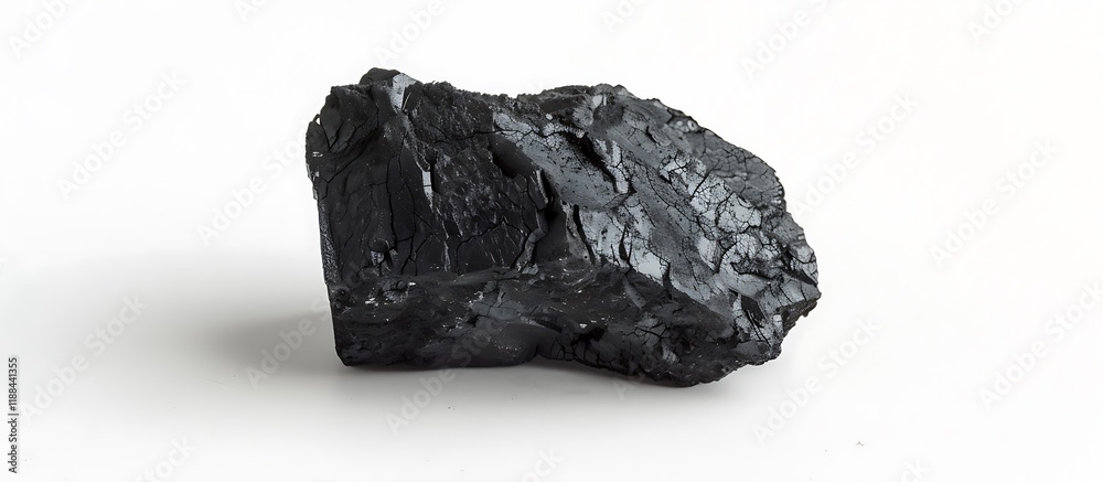 Fototapeta premium A single piece of coal, black and isolated on a white background, in ultra-HD clarity, front view.
