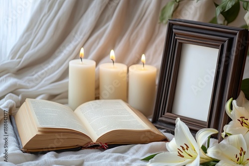 Wallpaper Mural Composition with photo frame, candles, opened book and lily on light background  Torontodigital.ca