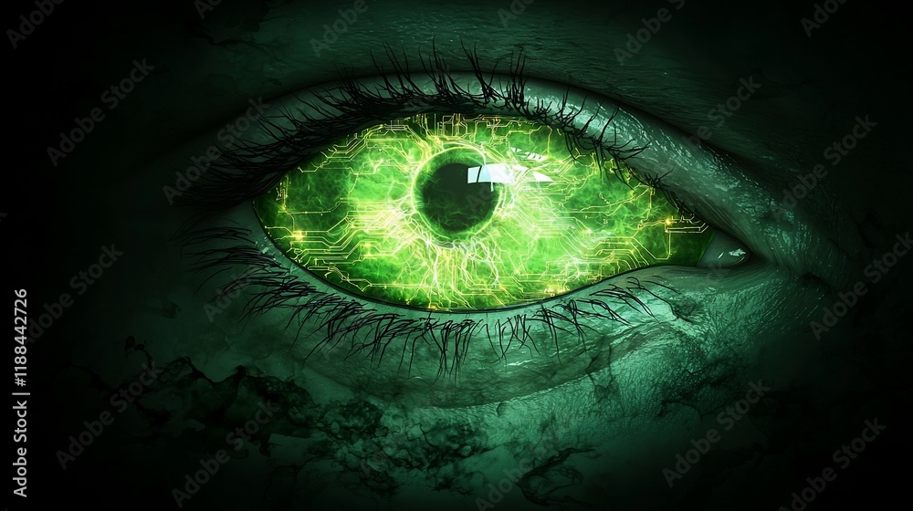 Fototapeta premium Glowing green eye, dark, creepy, detailed texture.