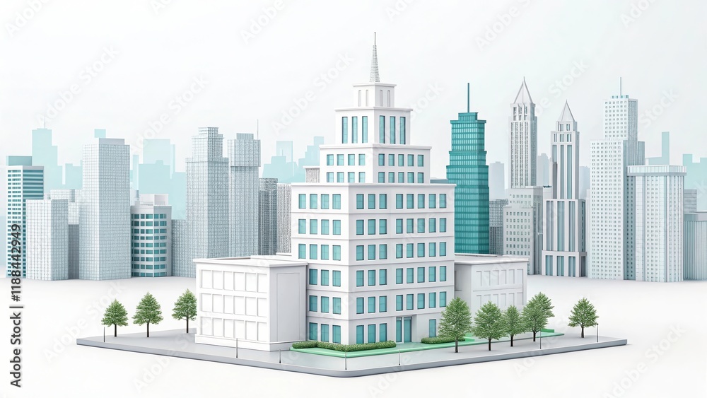 Fototapeta premium cute office building with city scape, 3d rendering illustration background