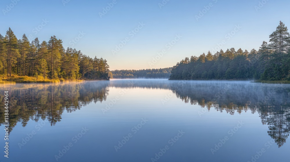 Misty forest lake sunrise reflection. Misty forest lake sunrise reflection.