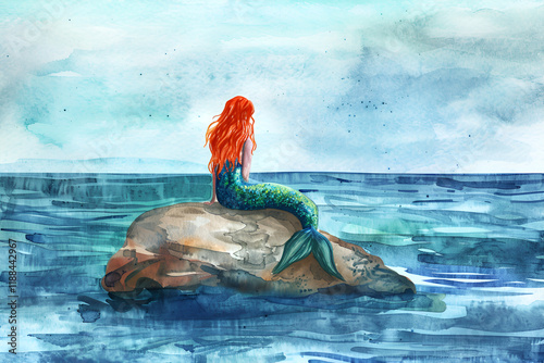Mermaid Sitting on Rock in Ocean in Watercolor Style, Kids Book Illustration
