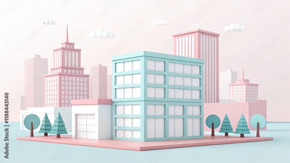 Fototapeta premium cute office building with city scape, 3d rendering illustration background