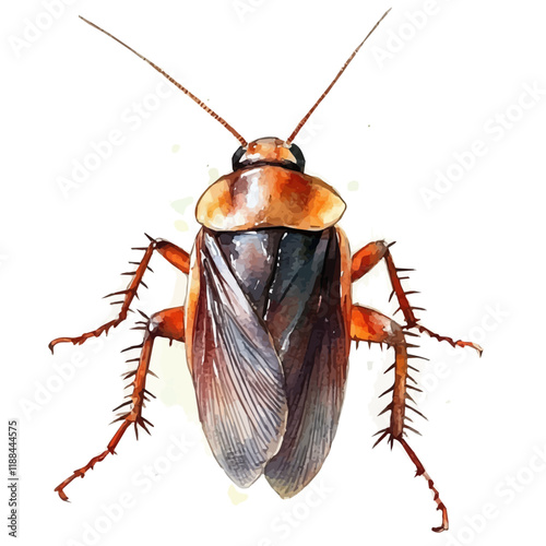 A watercolor vector painting of a cockroach, isolated on a white background. Cockroach vector.

