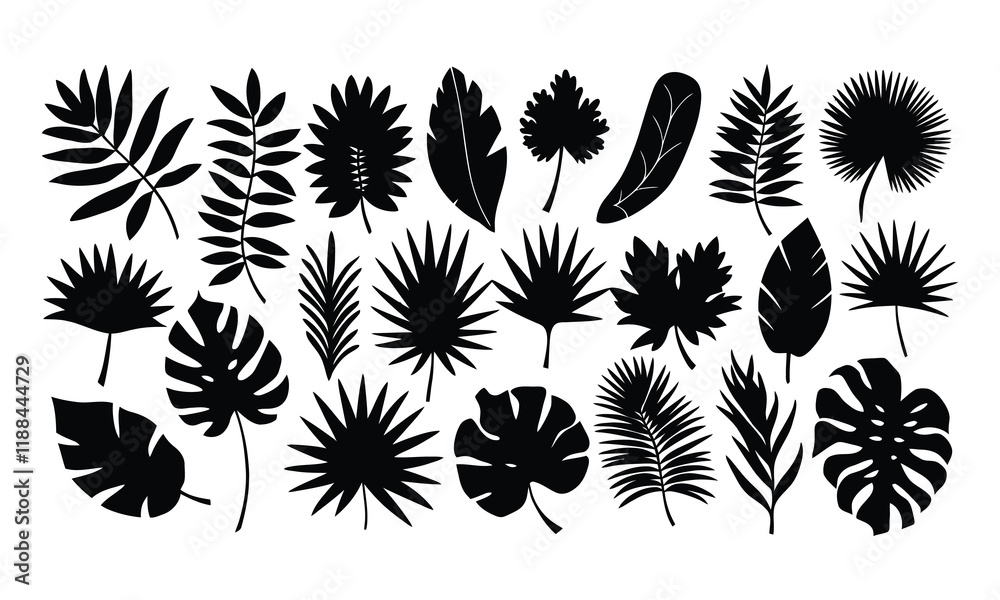 Tropical leaves vector. Set of palm leaves silhouettes isolated on white background. Vector EPS10 
