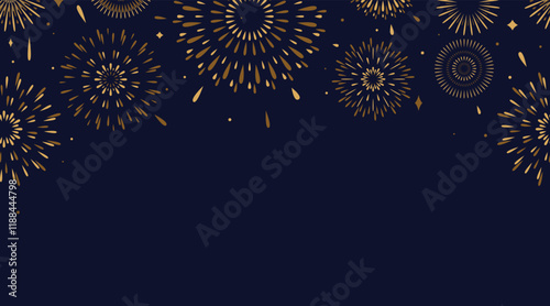 Firework vector seamless border background. Celebrate pattern with simple flat golden fireworks, explosions in night sky with copy space at the bottom. Illustration for new year, birthday celebration.