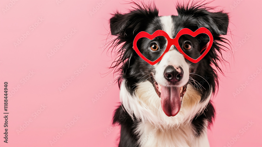 Fototapeta premium Playful dog wearing heart-shaped glasses on a pink background.