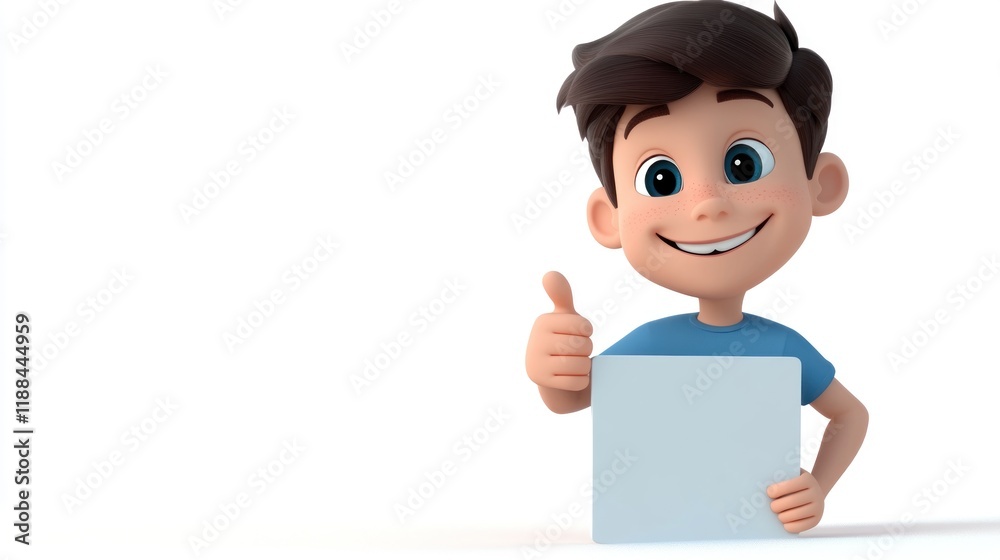 Happy cartoon boy giving thumbs up holding blank sign. Happy cartoon boy giving thumbs up holding blank sign.