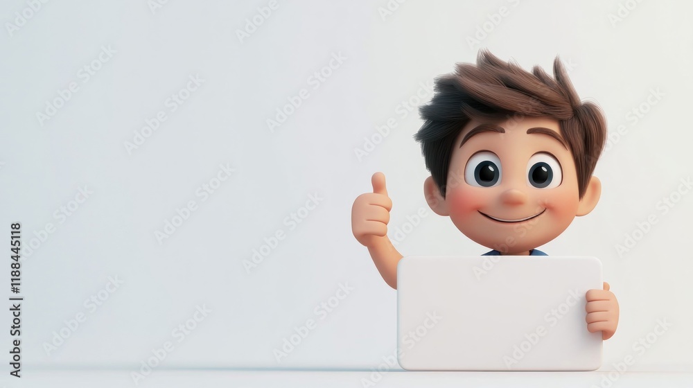 Happy cartoon boy holding blank sign, giving thumbs up. (2) Happy cartoon boy holding blank sign, giving thumbs up. (2)