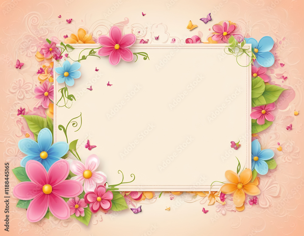 frame with flowers and butterflies, greeting card background