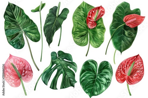Clear Pixel Image of Arrangements of Anthuriums, Banana Leaves, and Ti Plant Leaves