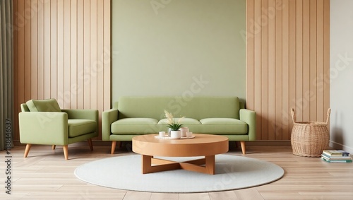 Modern Living Room Sage Green Sofa Wooden Accents