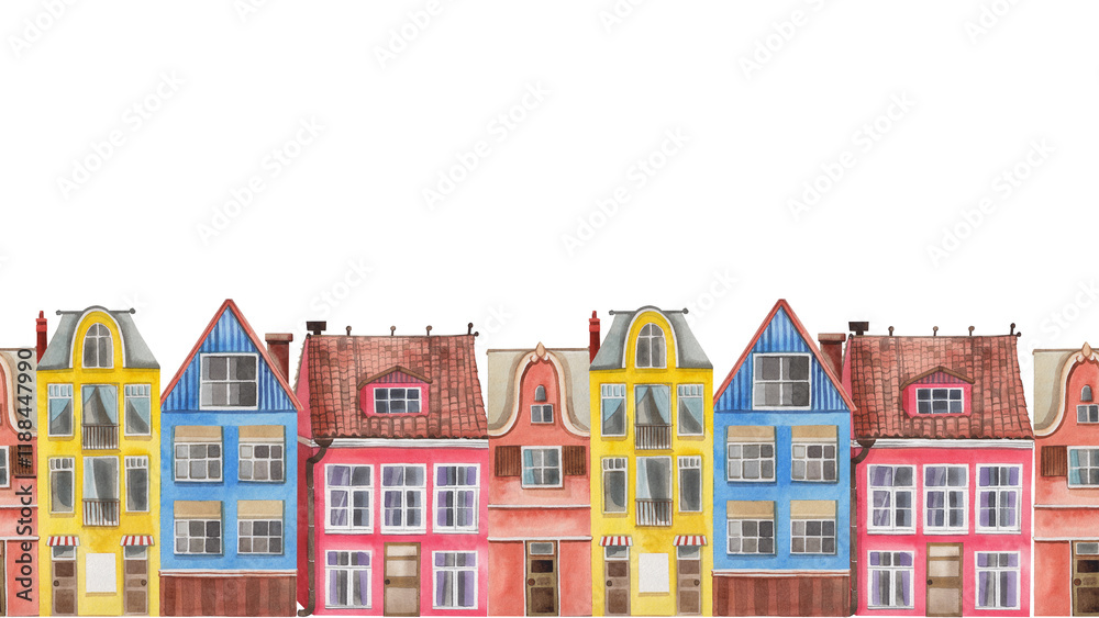 Fototapeta premium Three multi-storey old houses, seamless watercolor border, all objects are hand-painted with watercolor. Houses in yellow, blue and pink tones. Suitable for printing on fabric, paper.