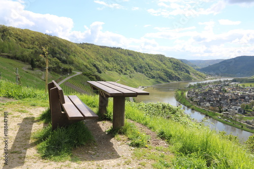 Bank und Tisch in den Weinbergen von Kröv mit Blick auf die Mosel und Wolf photo