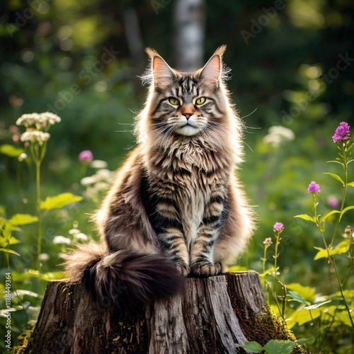 A majestic Maine Coon cat with a bushy tail sitting on a tree stump photo