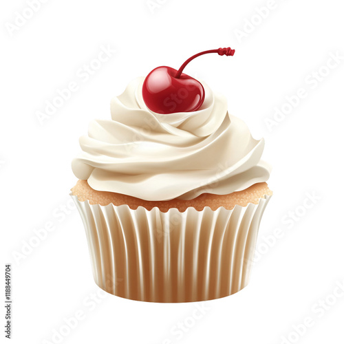 A delicious cupcake topped with smooth icing and a bright red cherry.