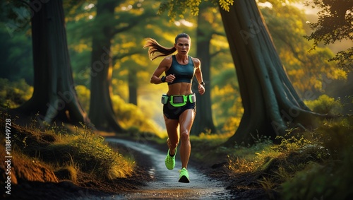 Runner on Forest Trail Embracing Outdoor Fitness and Nature photo