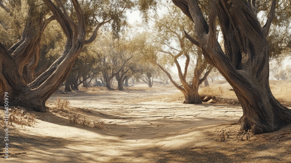 Serene Landscape of Ancient Trees in a Dry, Parched Environment with Cracked Earth and Warm, Dusty Tones, Evoking Tranquility and Natural Beauty Serene Landscape of Ancient Trees in a Dry, Parched Environment with Cracked Earth and Warm, Dusty Tones, Evoking Tranquility and Natural Beauty