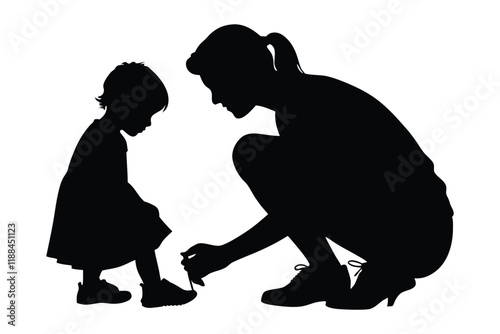 mother tying child?s shoelaces silhouette illustration.eps