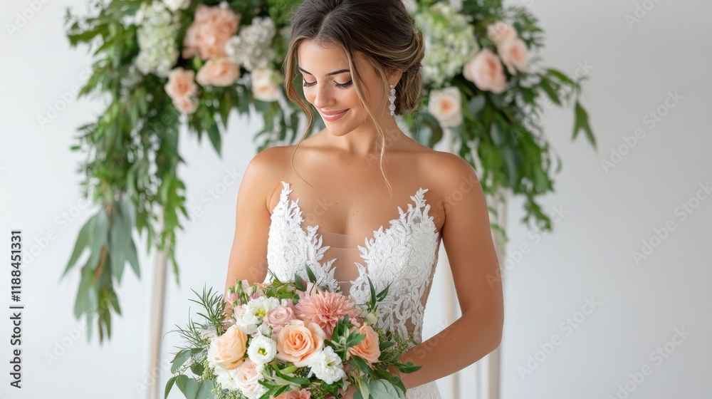 A happy woman wearing a stunning white wedding dress, holding a floral bouquet and beaming with excitement on her special day. A happy woman wearing a stunning white wedding dress, holding a floral bouquet and beaming with excitement on her special day.