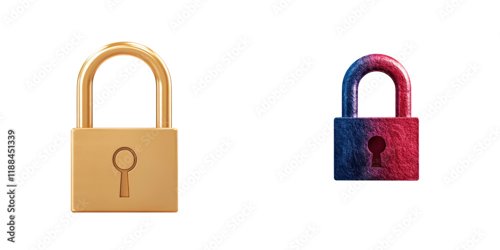 digital representation of two padlocks, one gold and one colorful, symbolizing security and protection digital representation of two padlocks, one gold and one colorful, symbolizing security and protection