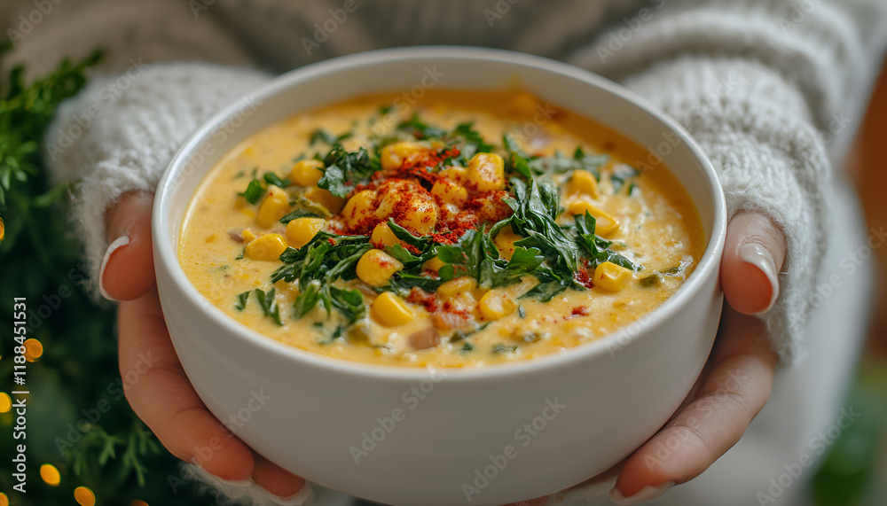 Homemade Corn Chowder Soup in white bowl. Vegetarian creamy corn soup with greens and vegetables Homemade Corn Chowder Soup in white bowl. Vegetarian creamy corn soup with greens and vegetables
