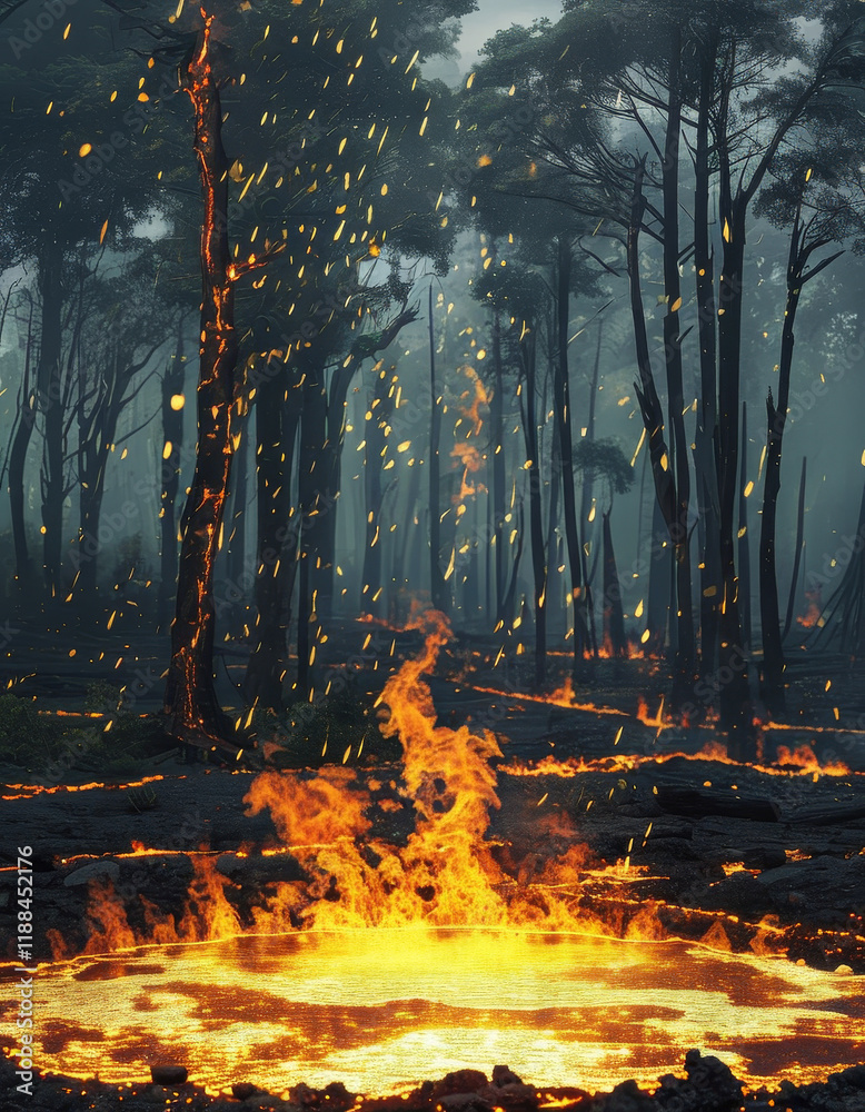 Naklejka premium Environmental, Social and Governance, Renewable Cryptocurrency Mining, burning and melting gold bitcoin on the ground, dead burned tress with burning rain forest in the background, crypto ESG concept