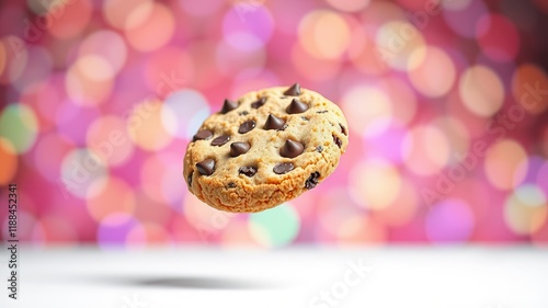 Levitating Chocolate Chip Cookie Biscuit, Bokeh Background, High-Quality Food Photography photo