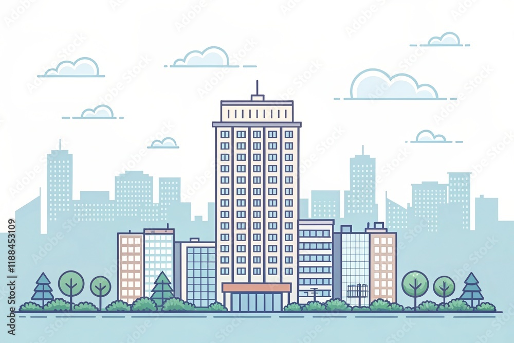 cute office building with city scape, pixel art illustration background cute office building with city scape, pixel art illustration background