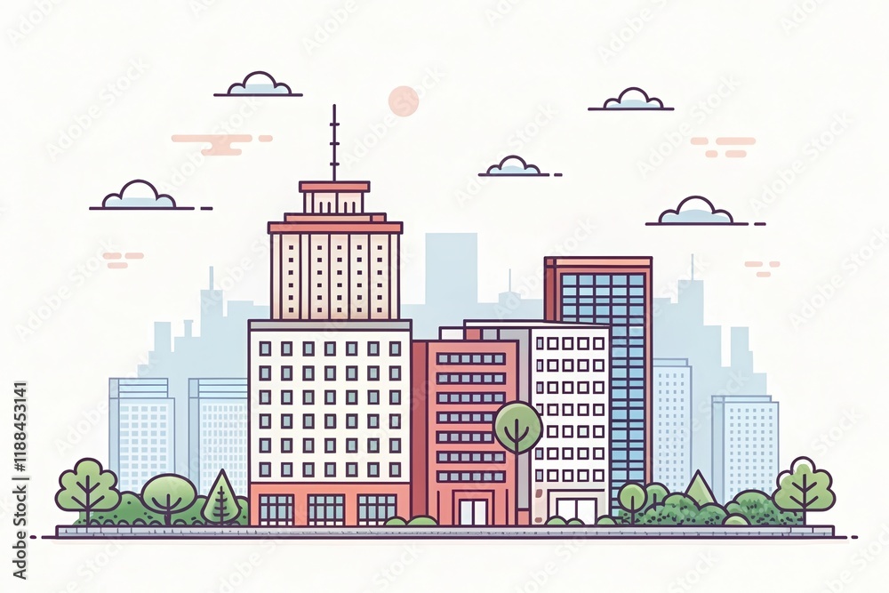 Obraz premium cute office building with city scape, pixel art illustration background
