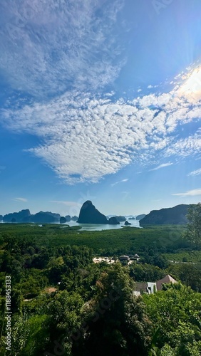 Landscapes of Thailad with views of beaches, sea, mountains, palm trees, roads and city photo