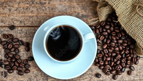 Steaming Coffee Cup with Roasted Beans on Wood photo