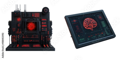 3D visualization of AI driven cyber defense system with brain interface, showcasing advanced technology and security features