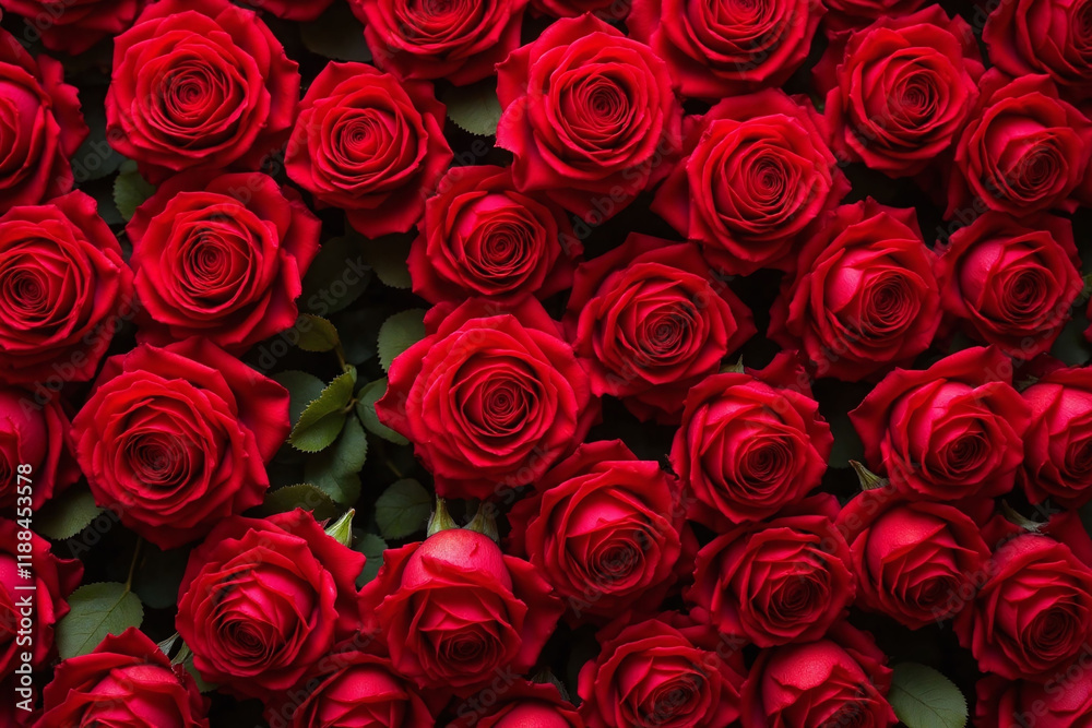 Naklejka premium Red roses in various bloom stages with green leaves cover frame
