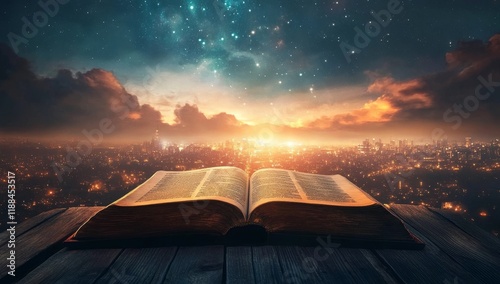 Open holy book on wooden table with cityscape and starry night sky background. photo