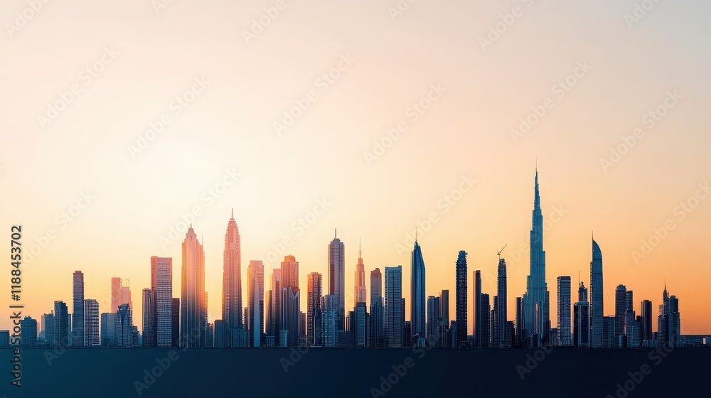 Urban skyline at sunset landscape perspective city glow