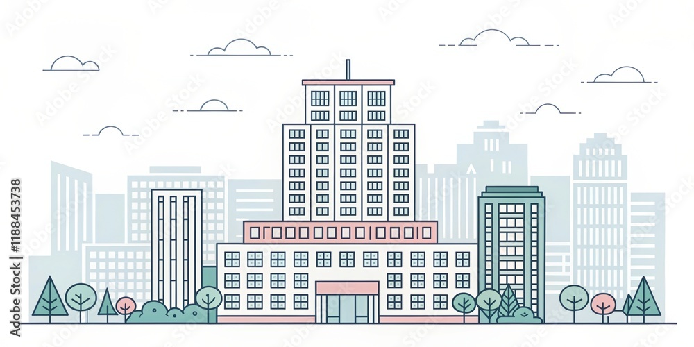 Obraz premium cute office building with city scape, pixel art illustration background