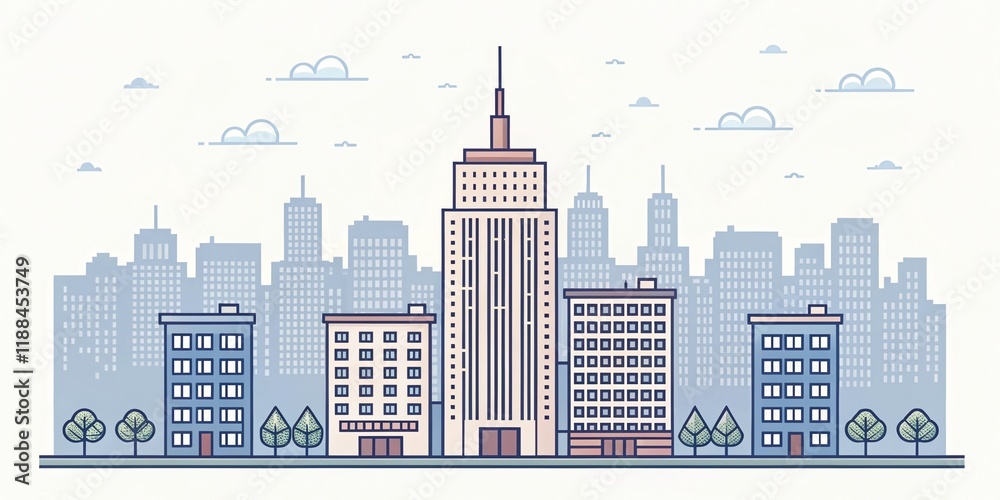 Obraz premium cute office building with city scape, pixel art illustration background