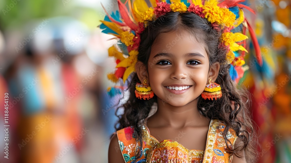 Portrait of a young Sri Lankan girl wearing traditional dress, holding a miniature flag with a festive crowd in the background