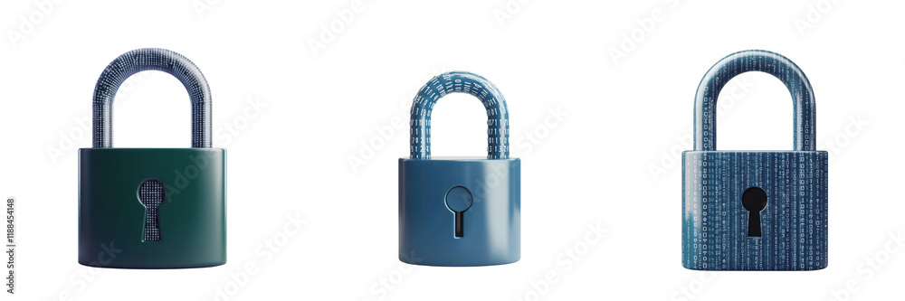3D representation of secure coding with binary codes, showcasing padlocks 3D representation of secure coding with binary codes, showcasing padlocks