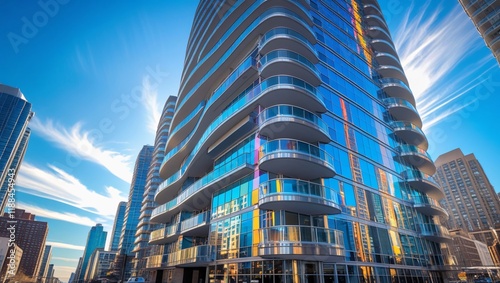 Modern High-Rise Apartment Building in a Bustling Cityscape photo