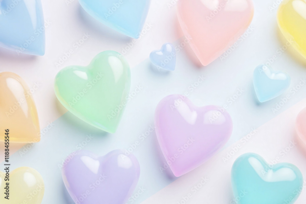 Obraz premium Translucent heart shaped objects in pastel colors on blue bg