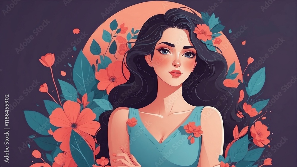 Creative Woman at Work: Illustrative Art Concept, Modern Female Artist: A Vibrant Digital Illustration, Floral and Feminine Workspace: Artistic Digital Rendering