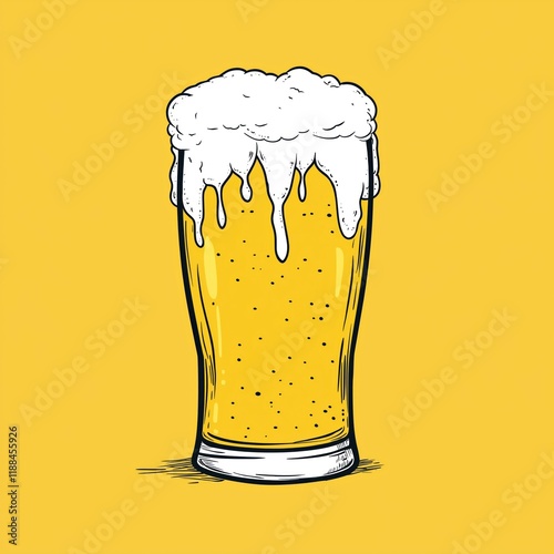 Cartoon illustration of beer glass full of frothy beer. Glass depicted in simple, playful style. Froth drips from top of beer in fun doodle graphic. Isolated, suitable for pubs, party events craft photo