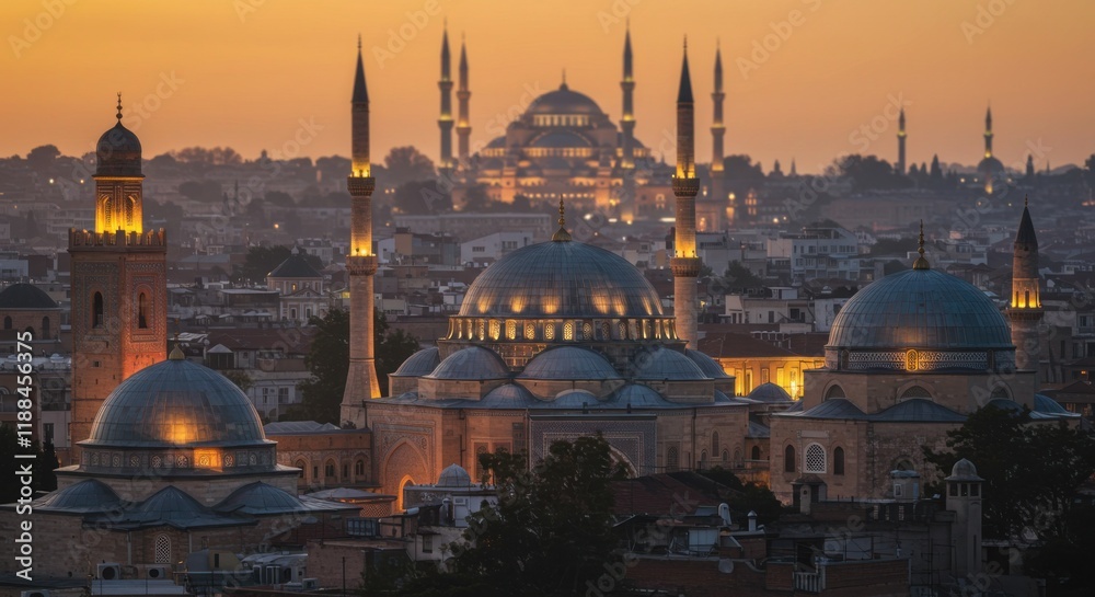 Obraz premium Ramadan Celebration at Historic Istanbul Architecture Photography Evening Glow Spiritual Atmosphere