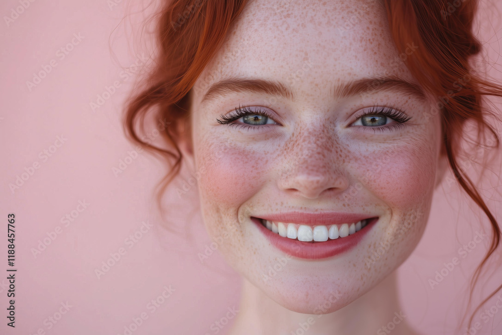 Smiling young woman with freckles, soft makeup, red lips, and a natural joyful expression, against a soft pink background, beauty and skincare theme, healthy lifestyle, fresh and youthful appearance Smiling young woman with freckles, soft makeup, red lips, and a natural joyful expression, against a soft pink background, beauty and skincare theme, healthy lifestyle, fresh and youthful appearance