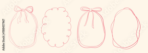 Set of  doodle hand drawn oval frames with wavy lines, bows and ribbons. Minimalist cute line art. Modern whimsical borders for wedding invitations, birthday cards, lunch, holiday illustration	
