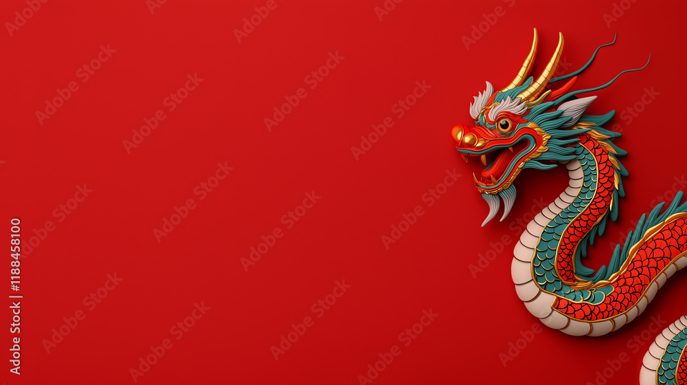 Obraz premium This is an artistic illustration of a Chinese dragon depicted in a more playful, modern style against a red background. 