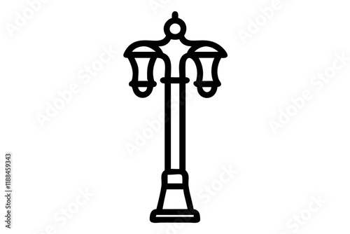 street lamp, lamp post, double arm lamp, decorative lamp, ornate lamp, city lamp, urban design, architectural drawing, illustration, line art, black and white, outline, vintage lamp, classic design, s photo